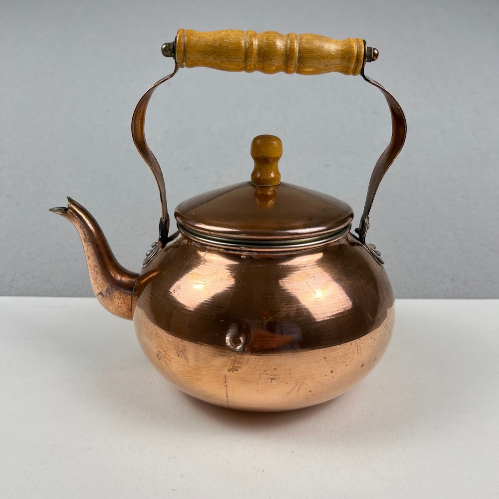 Vintage Copper Tea Kettle Small Copper Pot Wooden Handle Rustic Farmhouse Decor